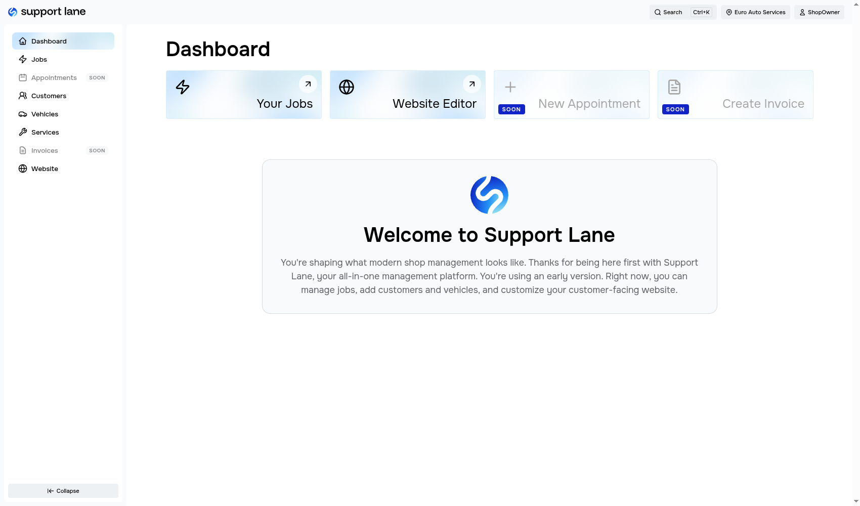 Auto repair shop management software dashboard