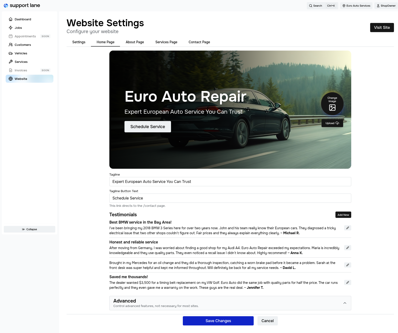 Auto shop website editor - customize your online booking site