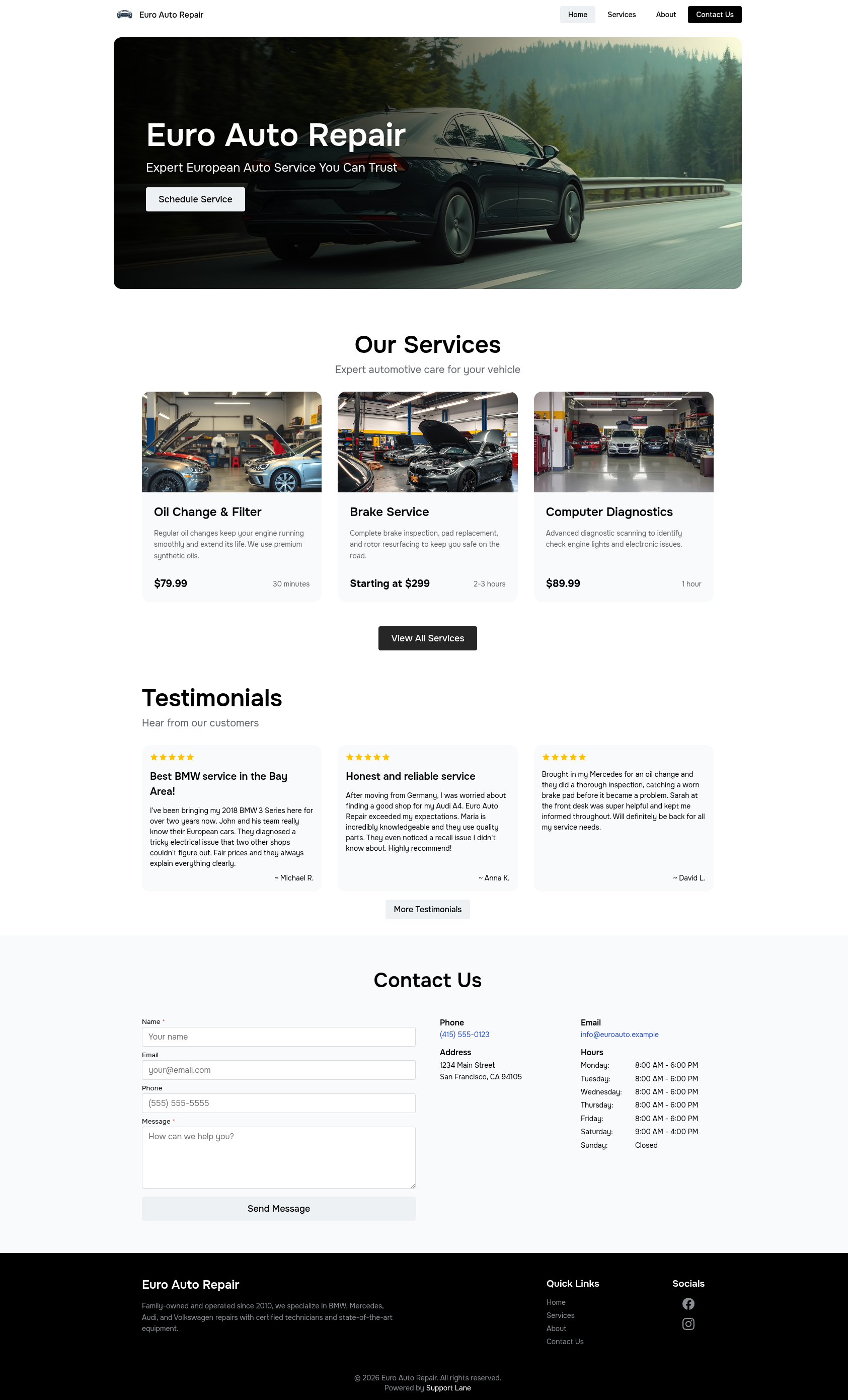 Auto shop customer-facing website with online booking