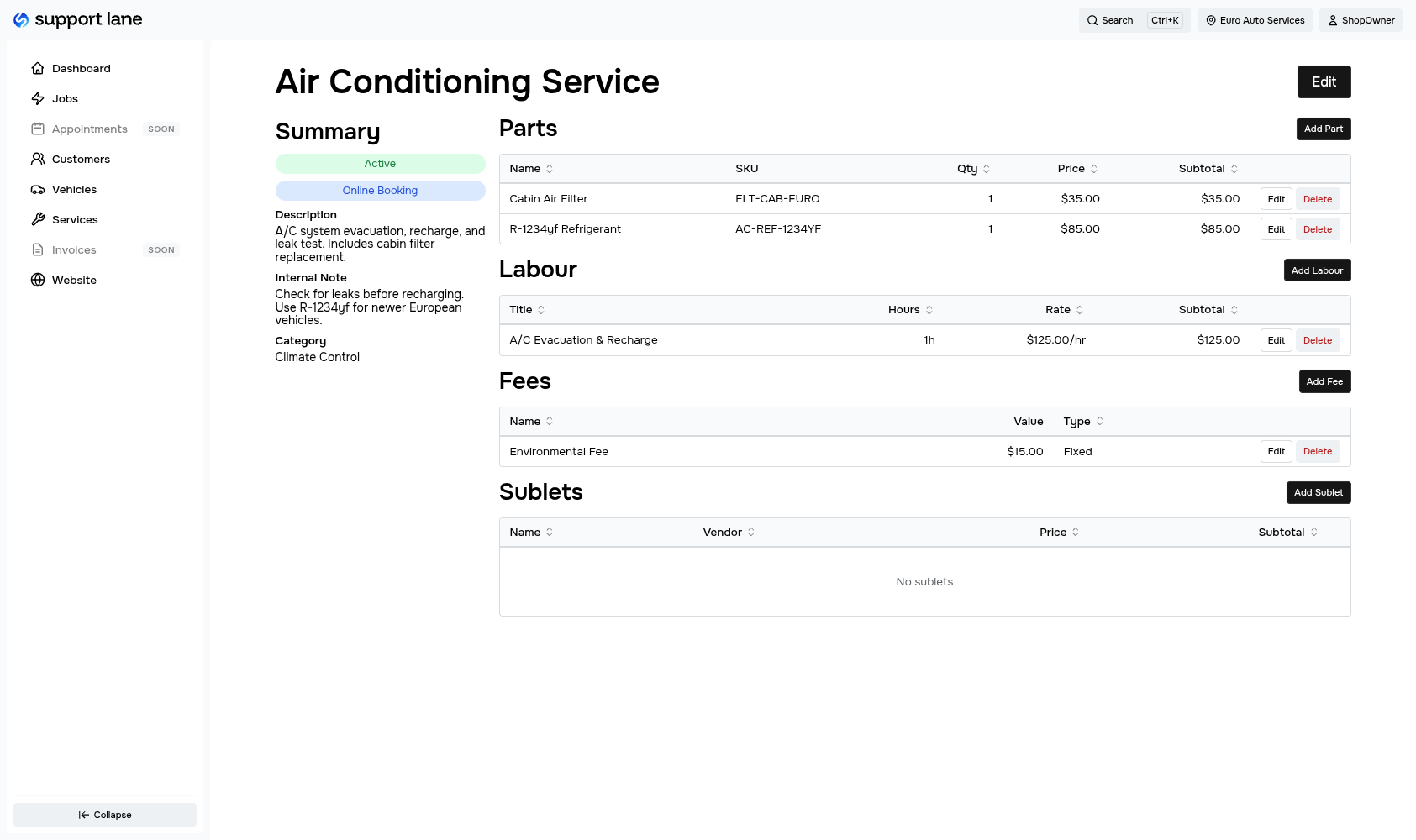 Auto shop invoice template with parts and labour pricing