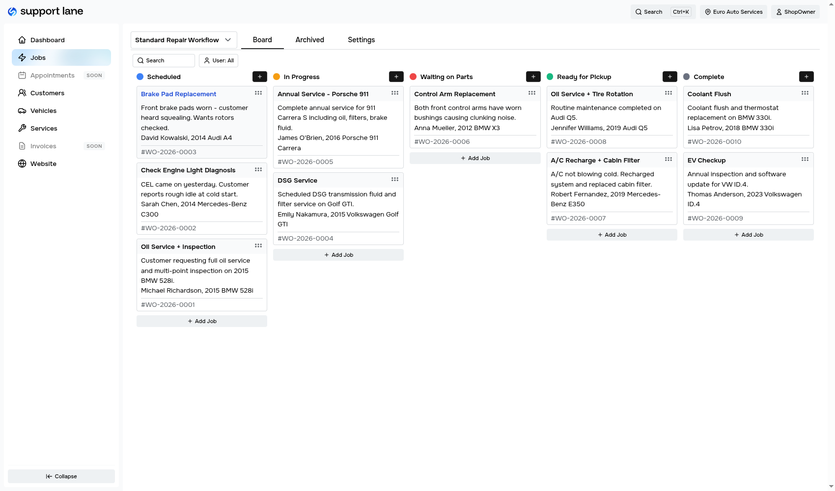 Support Lane jobs board - drag-and-drop Kanban board for auto repair shop management