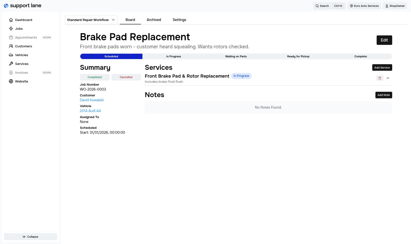 Auto repair shop invoicing software - job detail with services