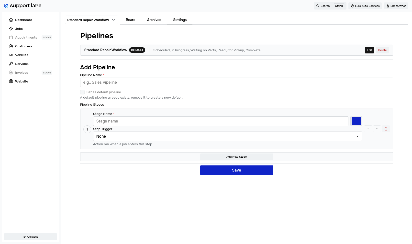 Auto repair shop workflow pipeline editor