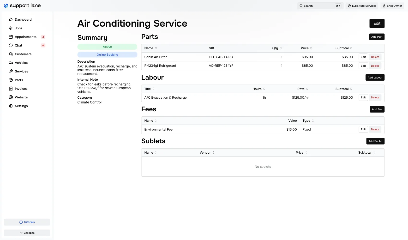 Auto shop invoice template with parts and labor pricing