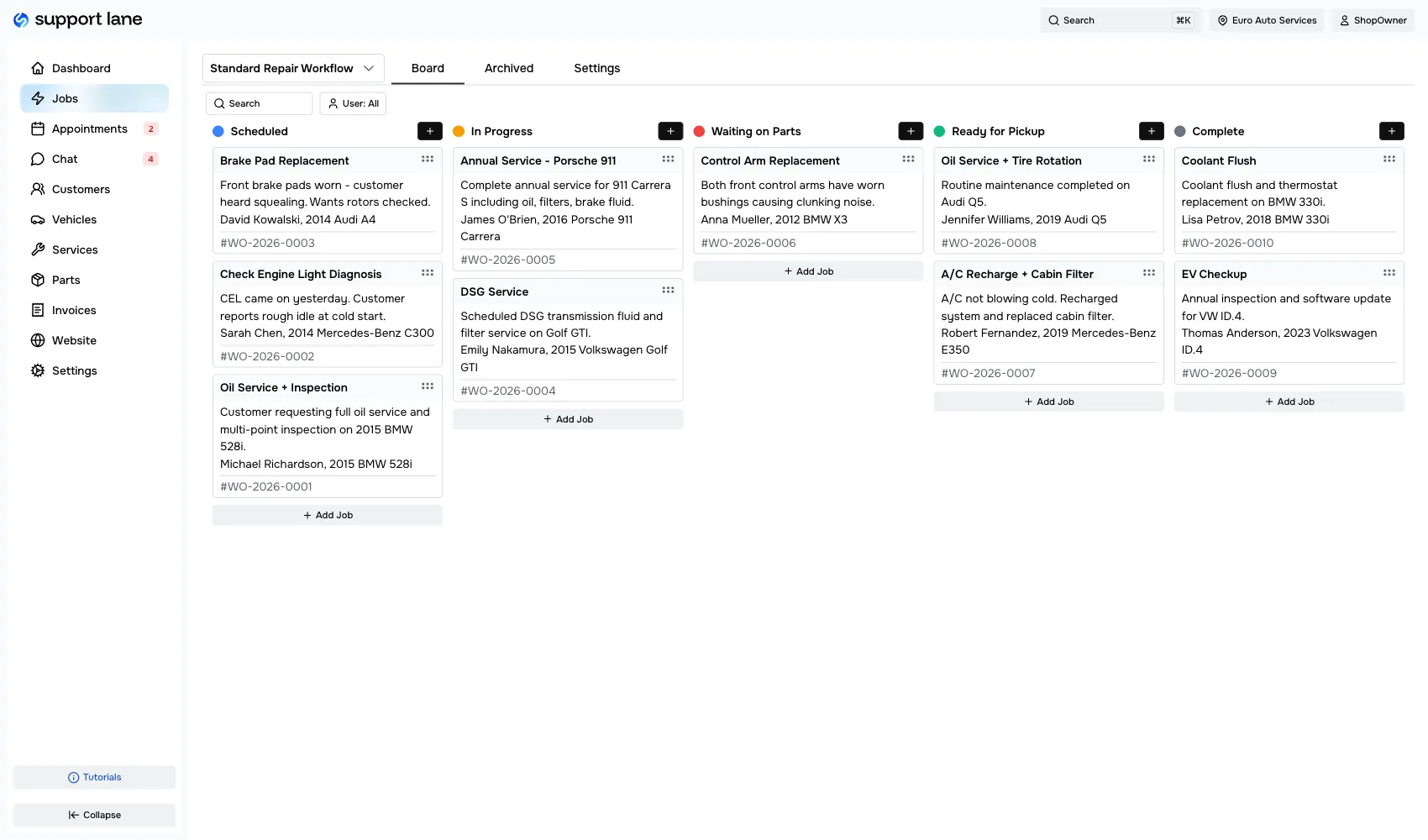 Support Lane jobs board featuring drag-and-drop Kanban board for shop management software