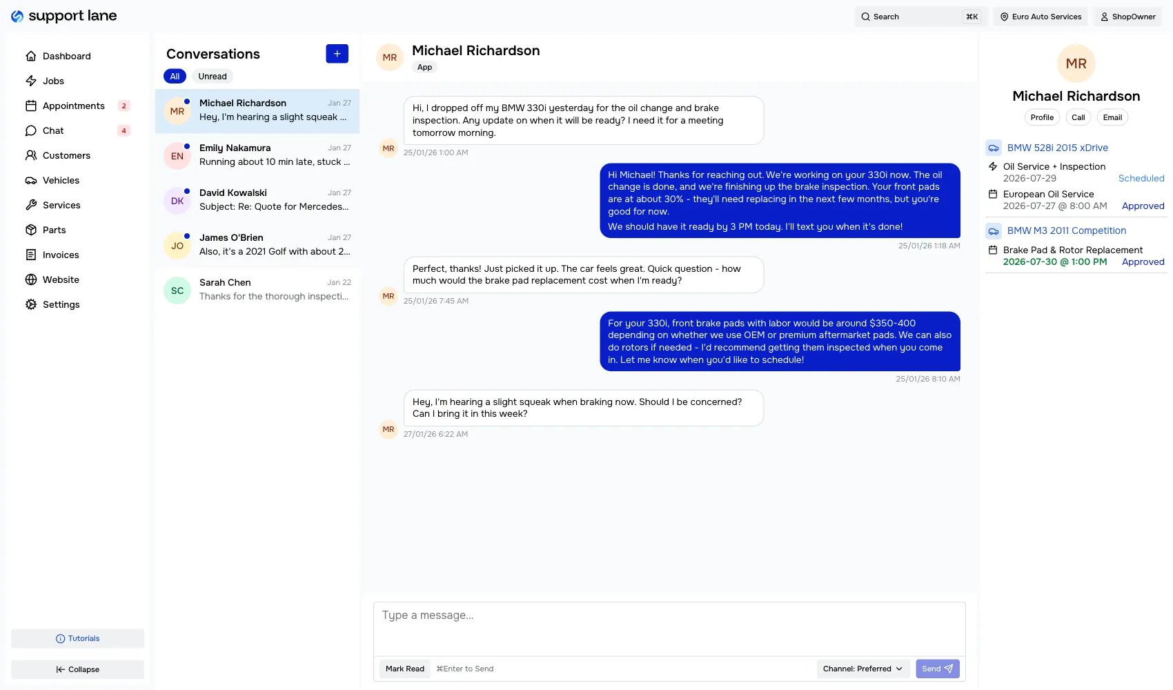 Shop management software customer chat with text and email in one inbox
