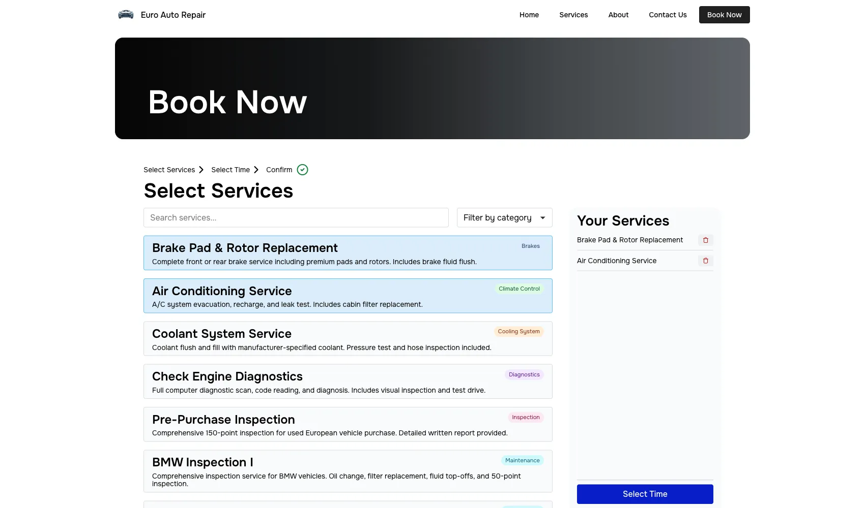Auto repair booking — control which services appear online